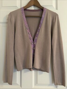Taupe Open-Front Sweater Cardigan with Lavender Beaded Trim